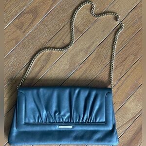 Vintage Susan Gail Genuine Leather Ruched Clutch Chain Shoulder Bag Black